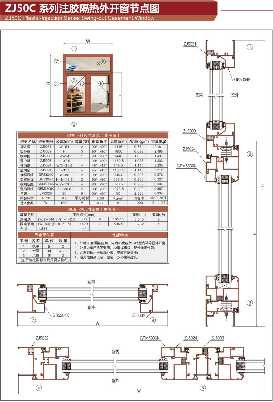 ZJ50C Plactic-Injection Series Swing-out Casement Window